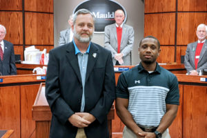 Recreation Director Joe Lanahan (left) with athletic coordinator Willie Stewart (right) at the December 16, 2019 Mauldin City Council Meeting.